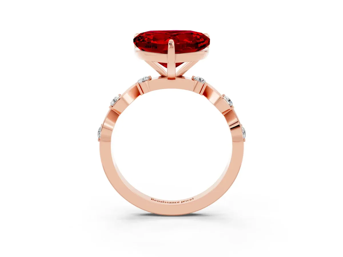 Heart Cut Ruby Solitaire Twisted Band with Round Accents and Prong Setting Rose gold