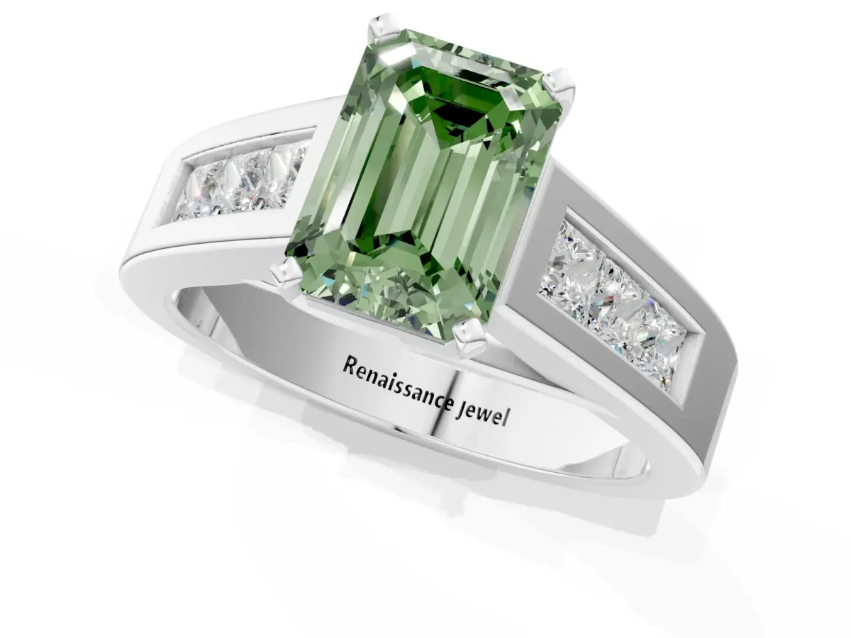 Fancy Green Emerald Cut Cut Channel Set Solitaire Ring with Four-Prong Setting Silver