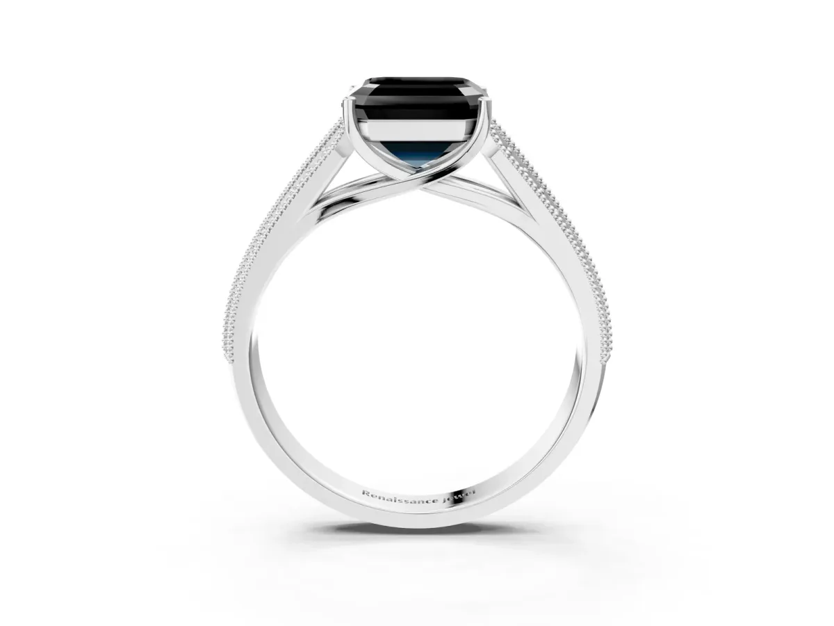 Fancy Black Asscher Cut Cut Pave Split Shank Engagement Ring with Four-Prong Setting Platinum