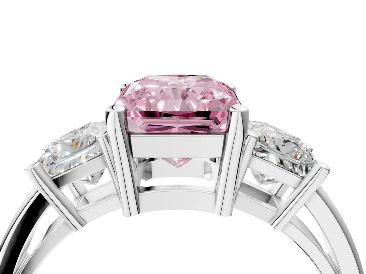 Fancy Pink Three-Stone Radiant Cut Cut Solitaire Ring with Prong Setting Platinum