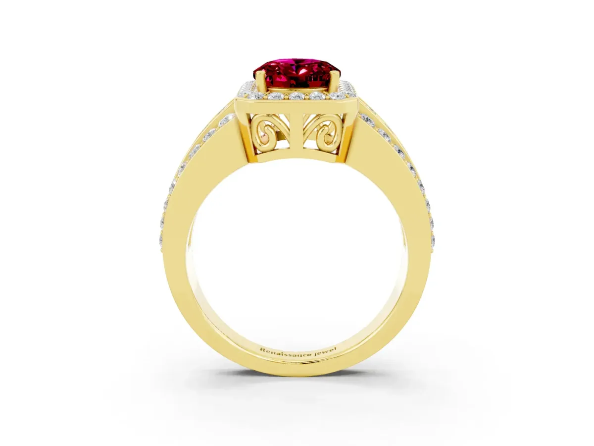 Oval Cut Halo Garnet Ring with Round Split Shank and Prong Setting Yellow gold