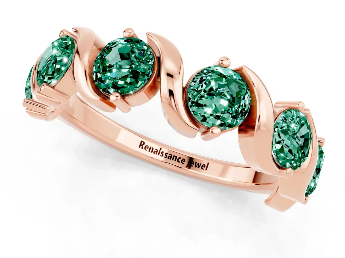 Round Green Sapphire Half Eternity Band with Wave Prong Setting Rose gold