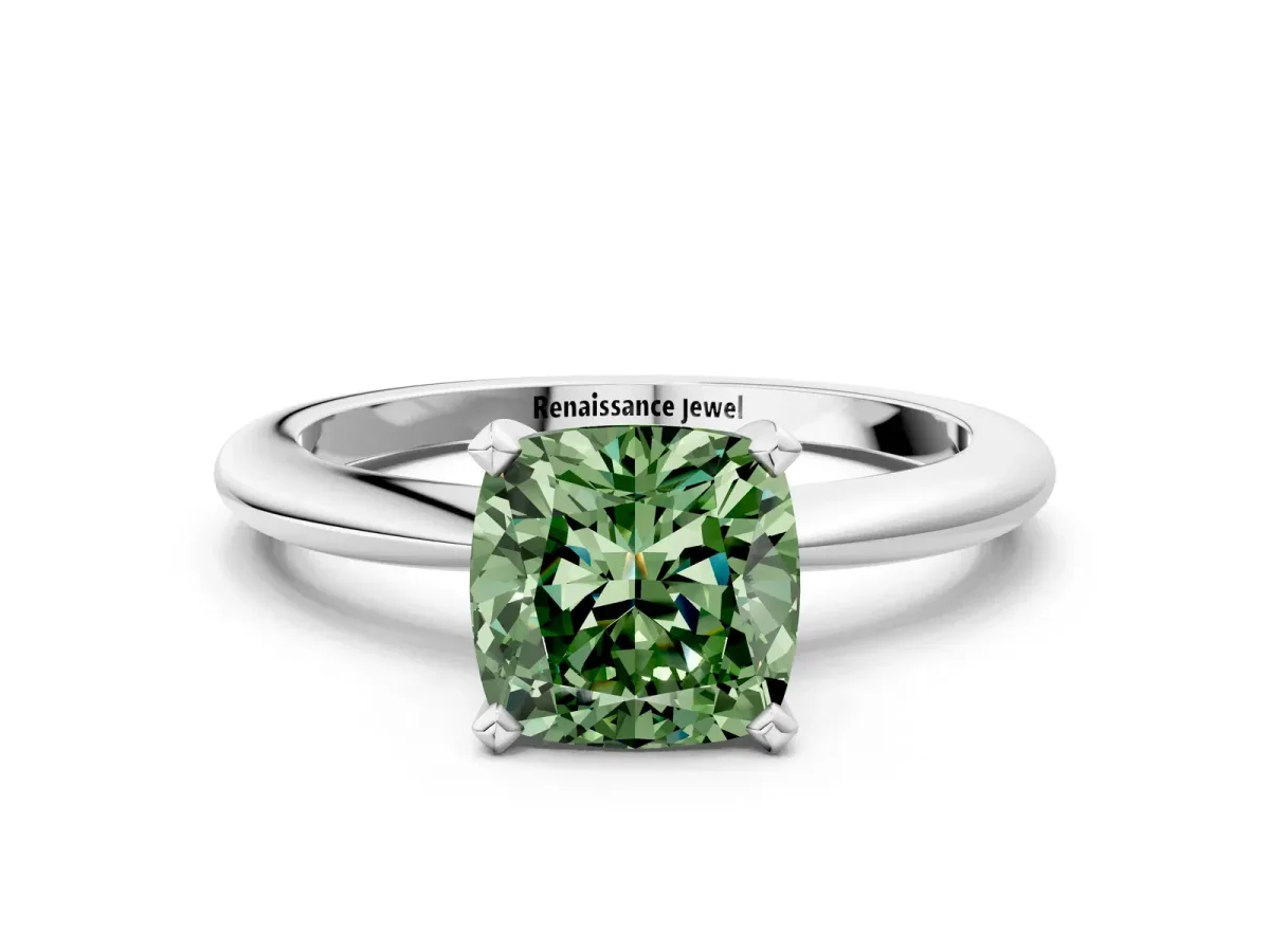 Fancy Green Cushion Cut Diamond Solitaire Ring with Six-Prong Setting and Classic Band Silver