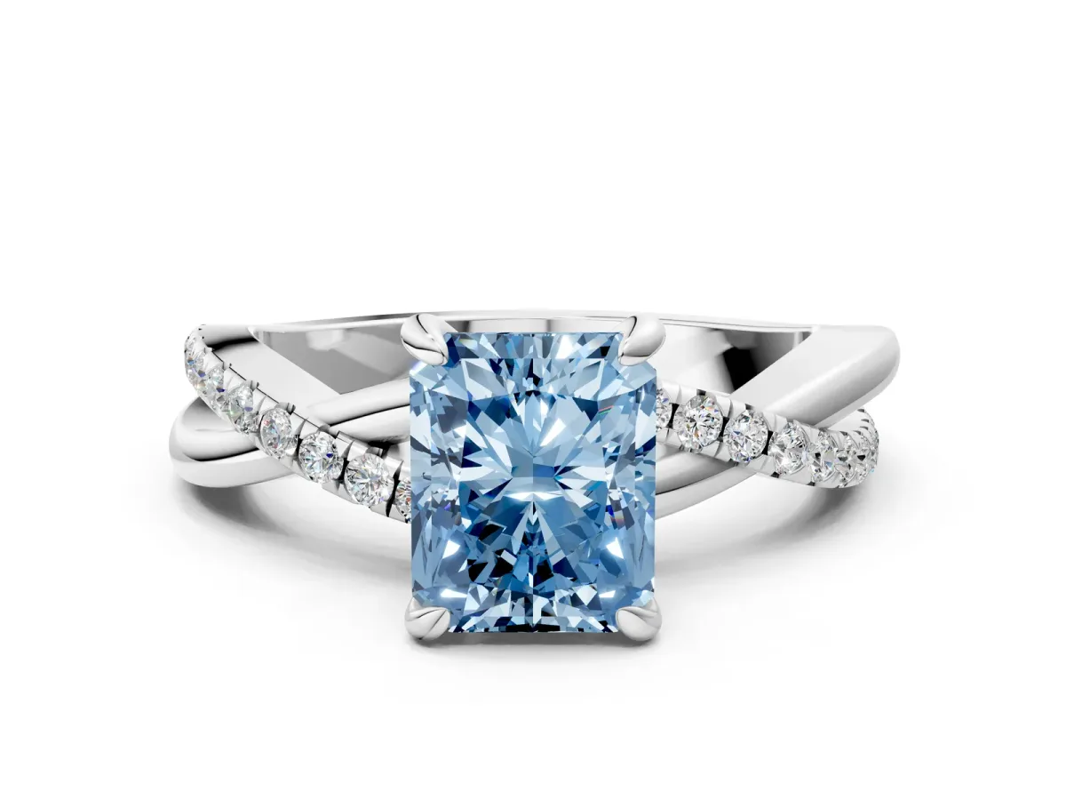 Fancy Blue Radiant Cut Cut Twist Band Solitaire Diamond Ring with Pavé Setting Platinum