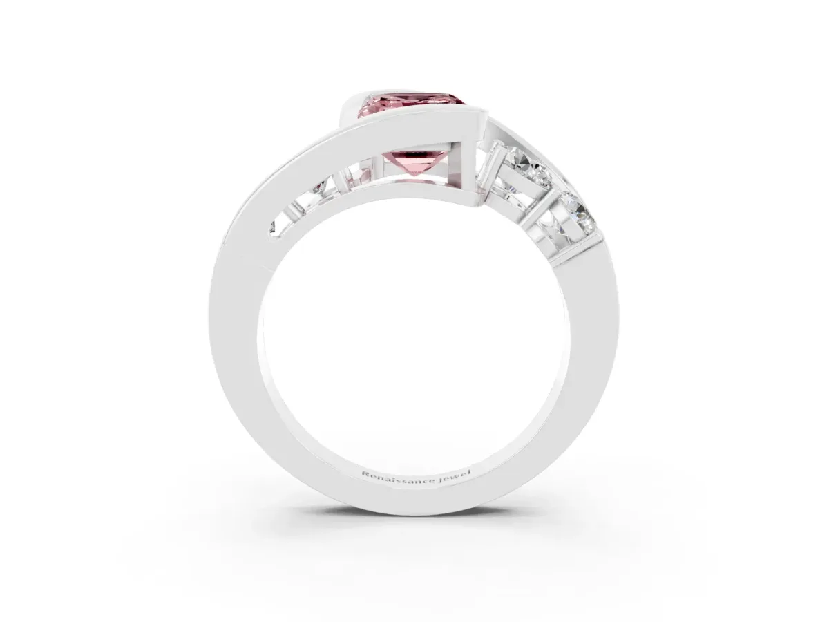 Bezel Set Emerald Cut Morganite Bypass Ring with Round Accents Platinum