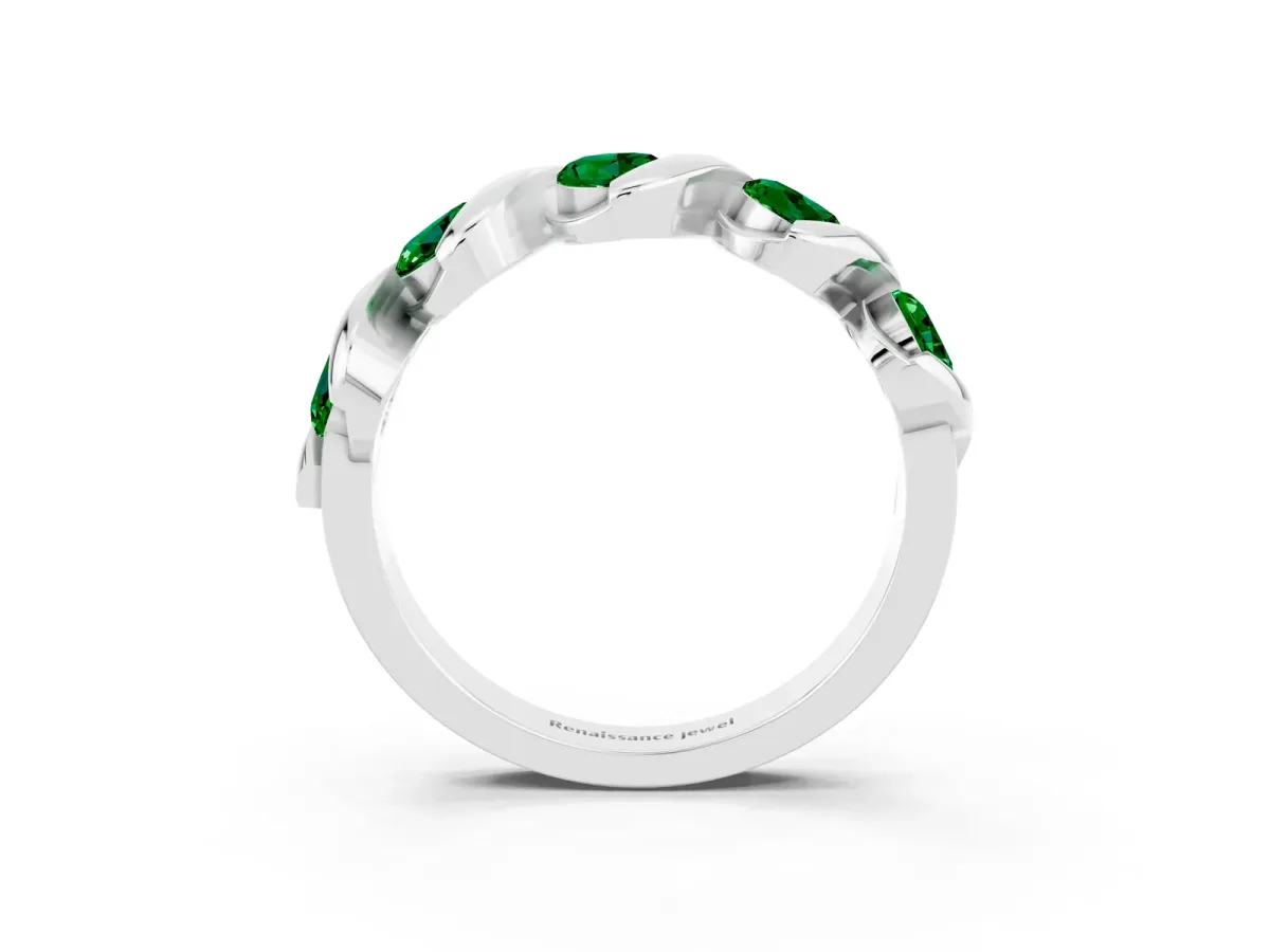 Round Emerald Wave Band with Channel Setting and Shared Prongs Platinum