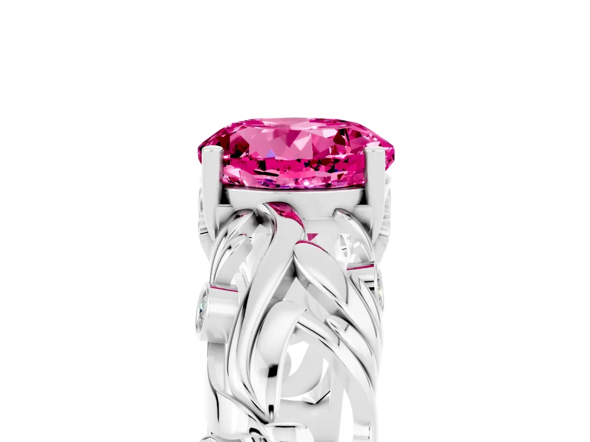 Round Cut Solitaire Pink Sapphire Leaf-Inspired Vine Band Ring with Prong Setting Silver
