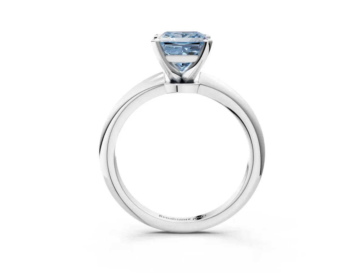 Fancy Blue Princess Cut Diamond Solitaire Ring with Six-Prong Setting and Classic Band Silver