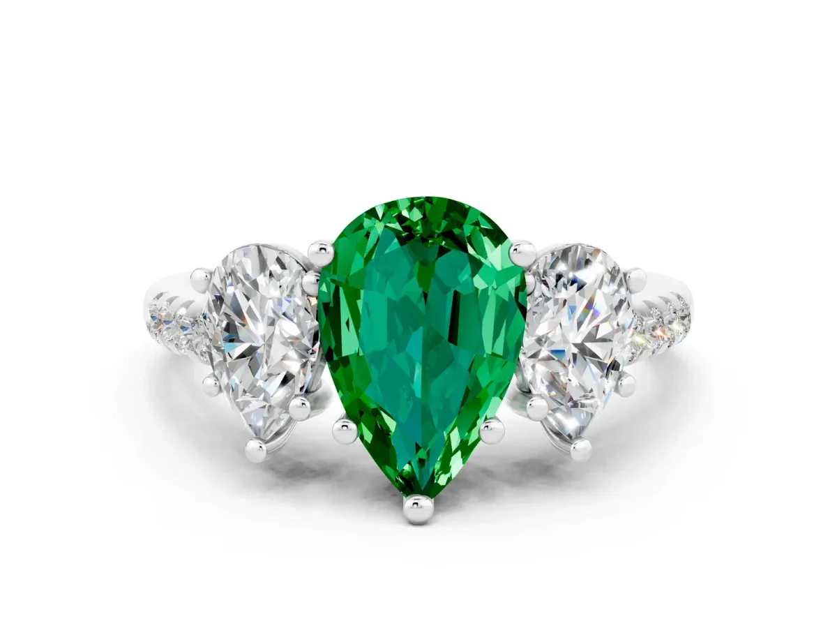 Three-Stone Pear Cut Emerald Ring with Round Pavé Band and Prong Setting Platinum