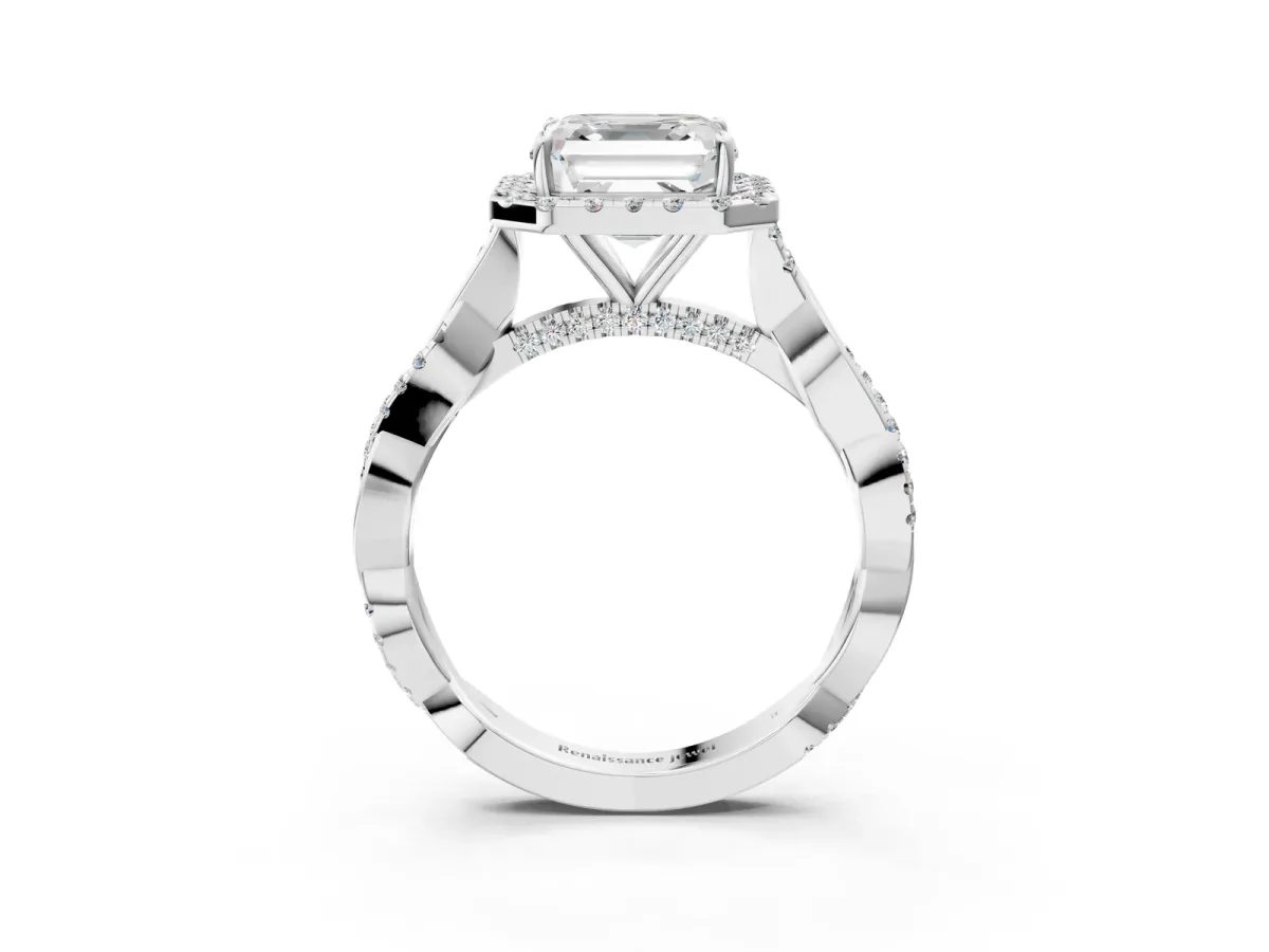 Asscher Cut Halo Twist Band Solitaire Ring Platinum