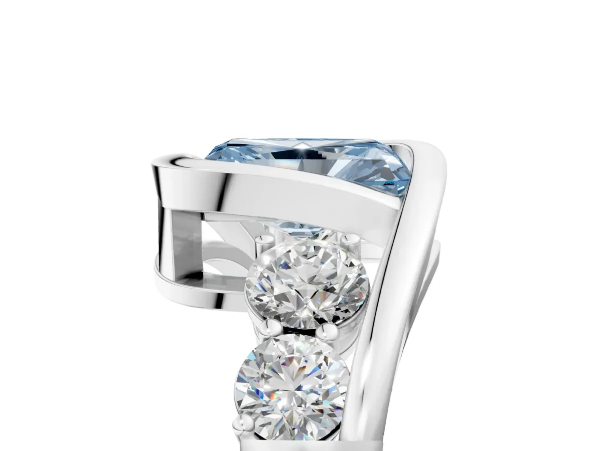 Fancy Blue Bezel Set Radiant Cut Diamond Bypass Ring with Round Accents Silver
