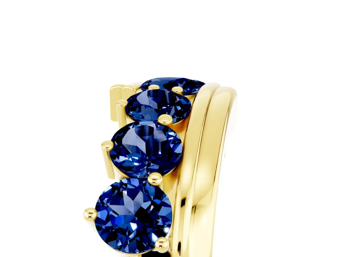 Round Blue Sapphire Wave Band with Channel and Shared Prong Setting Yellow gold