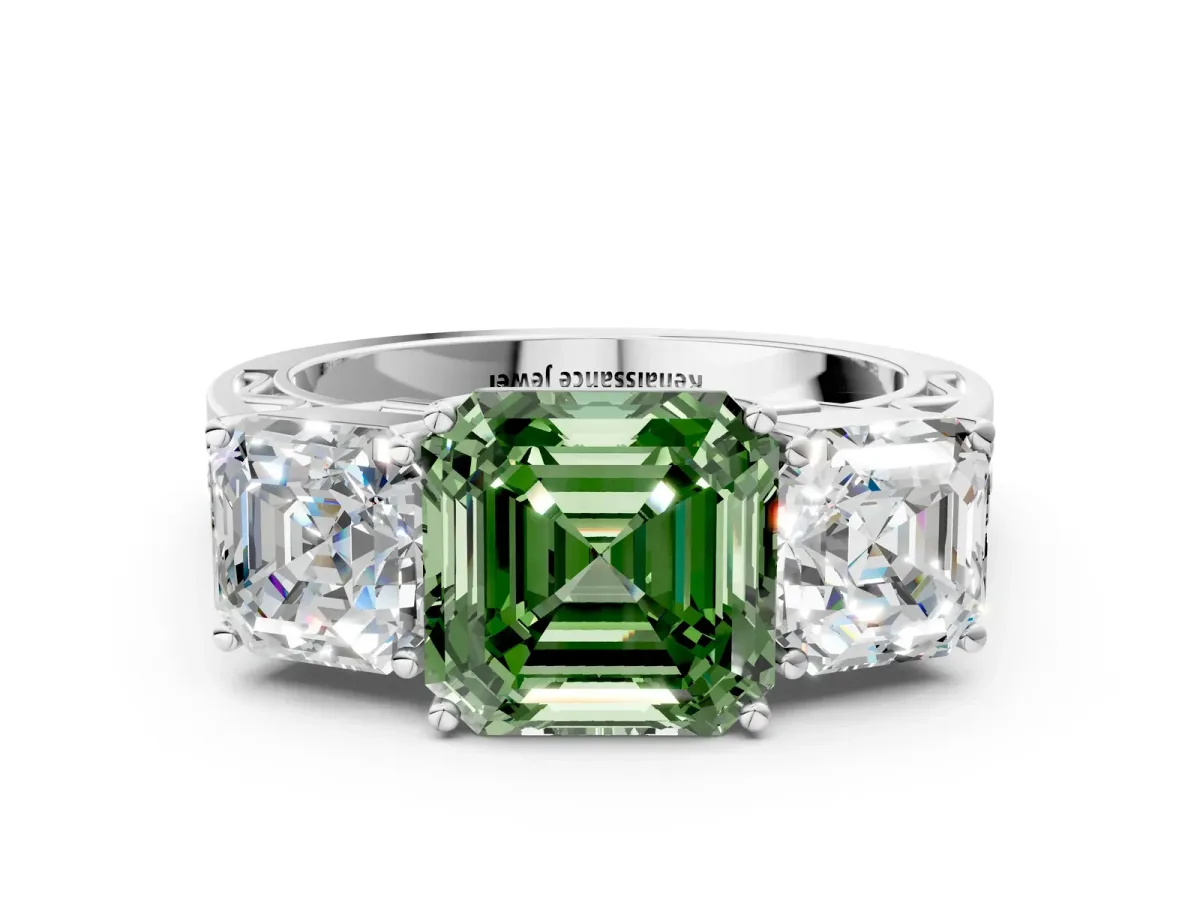 Fancy Green Asscher Cut Diamond Three-Stone Ring with Prong Setting and Textured Band Platinum