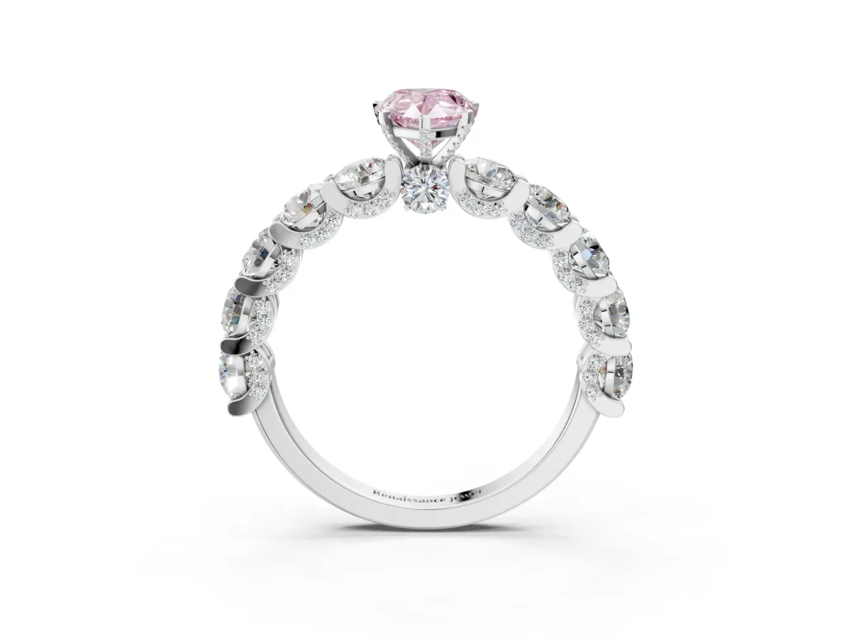 Fancy Pink Pear Cut Diamond Side Stone Engagement Ring with Four-Prong Setting Platinum