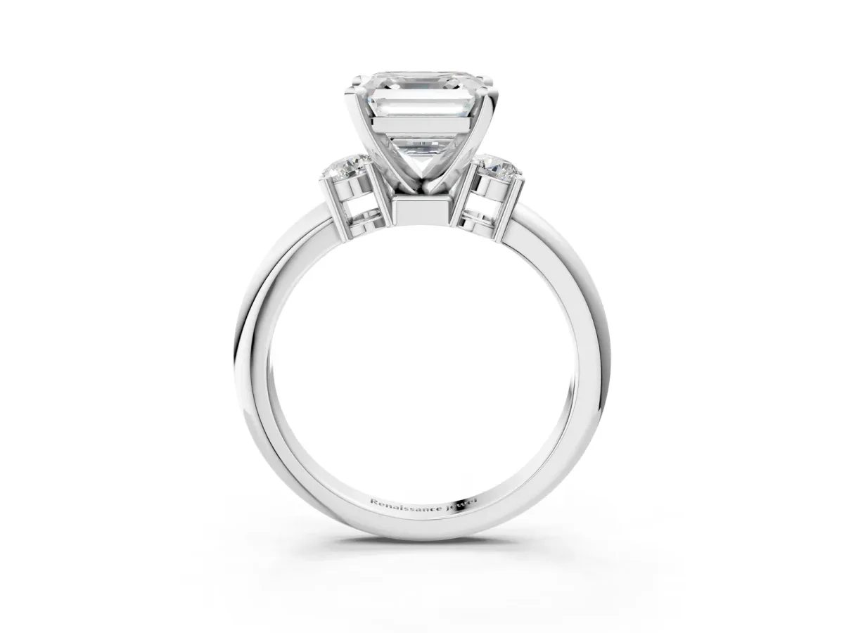 Three-Stone Asscher Cut Cut Diamond Solitaire with Prong Setting and Classic Band Platinum