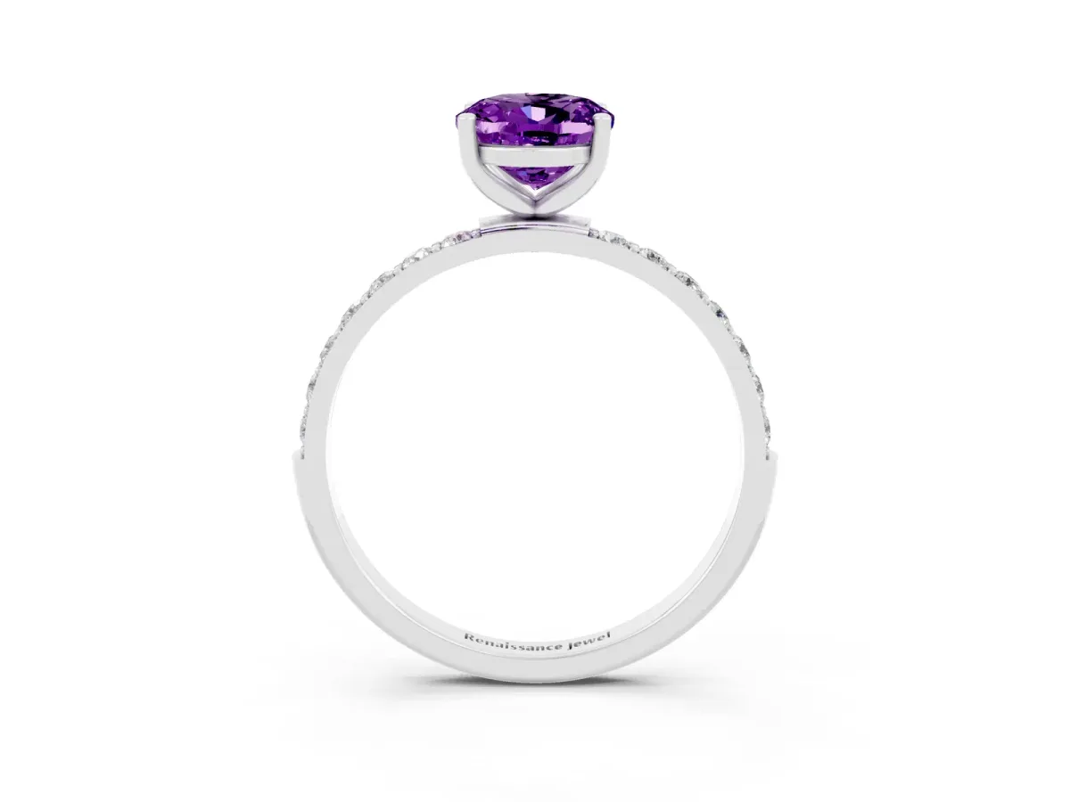 Oval Cut Amethyst Solitaire Ring with Round Pavé Band and Prong Setting Platinum