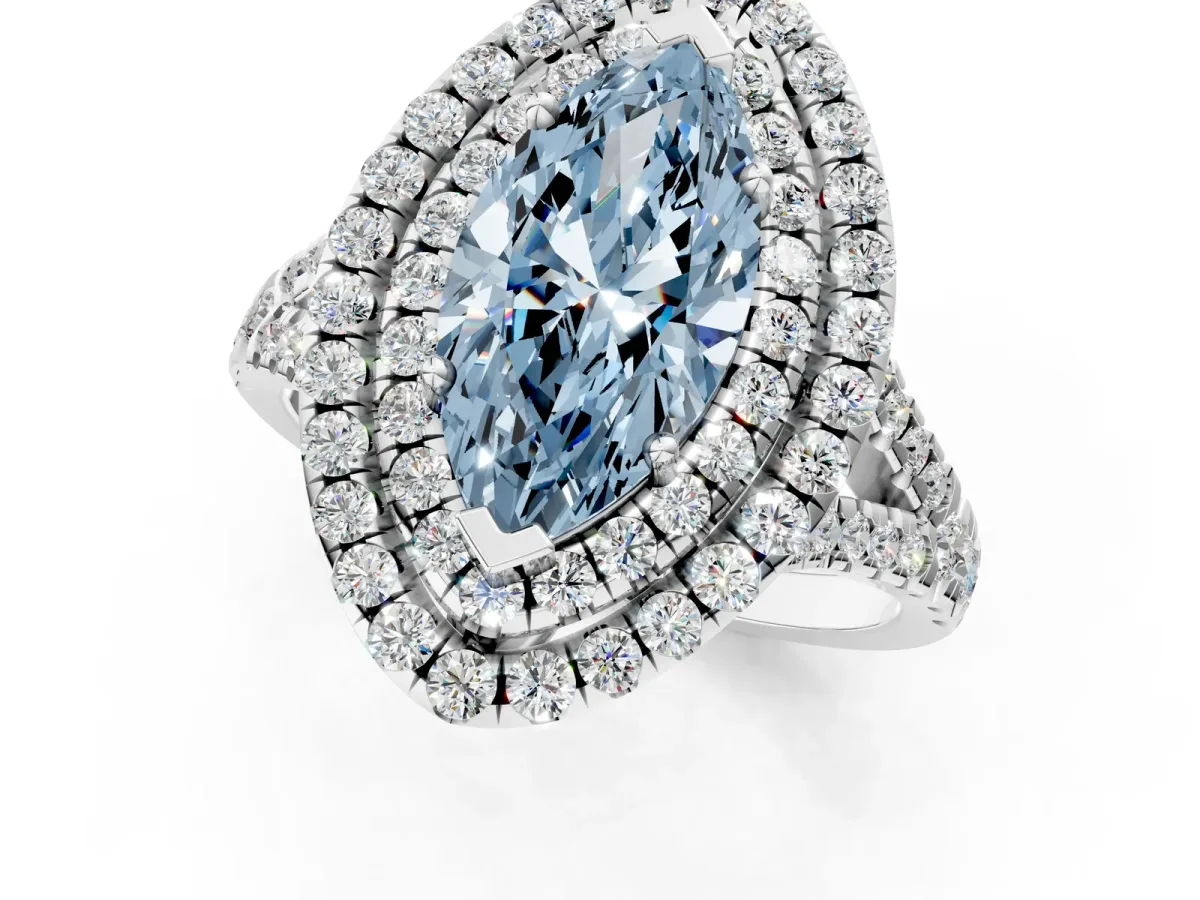 Fancy Blue Double Halo Marquise Cut Diamond Pavé Split Shank Ring with Prong Setting Silver