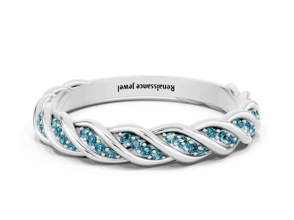Twisted Pavé Round Blue Topaz Eternity Band with Shared Prong Setting White gold