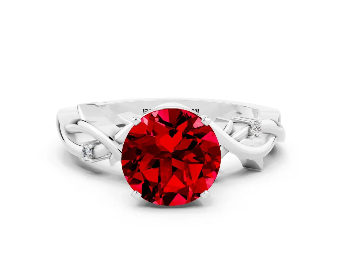 Round Cut Ruby Solitaire Ring with Twisted Band and Prong Setting Silver