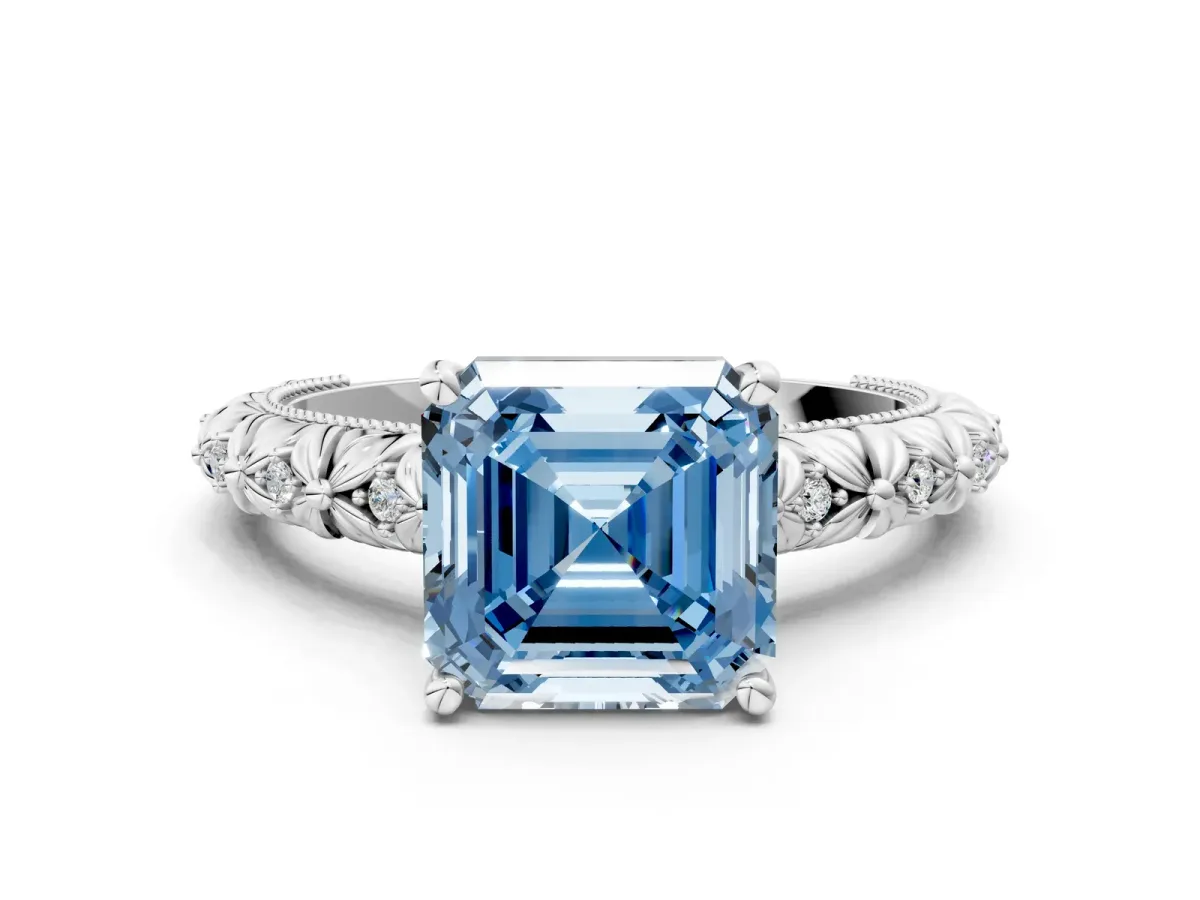 Fancy Blue Asscher Cut Solitaire Floral Milgrain Engagement Ring Platinum
