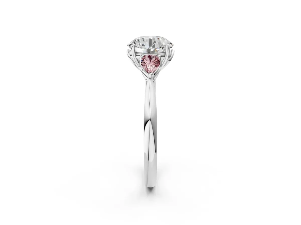 Round Cut Diamond Three-Stone Ring with Pear Morganite Side Stones and Prong Setting Silver
