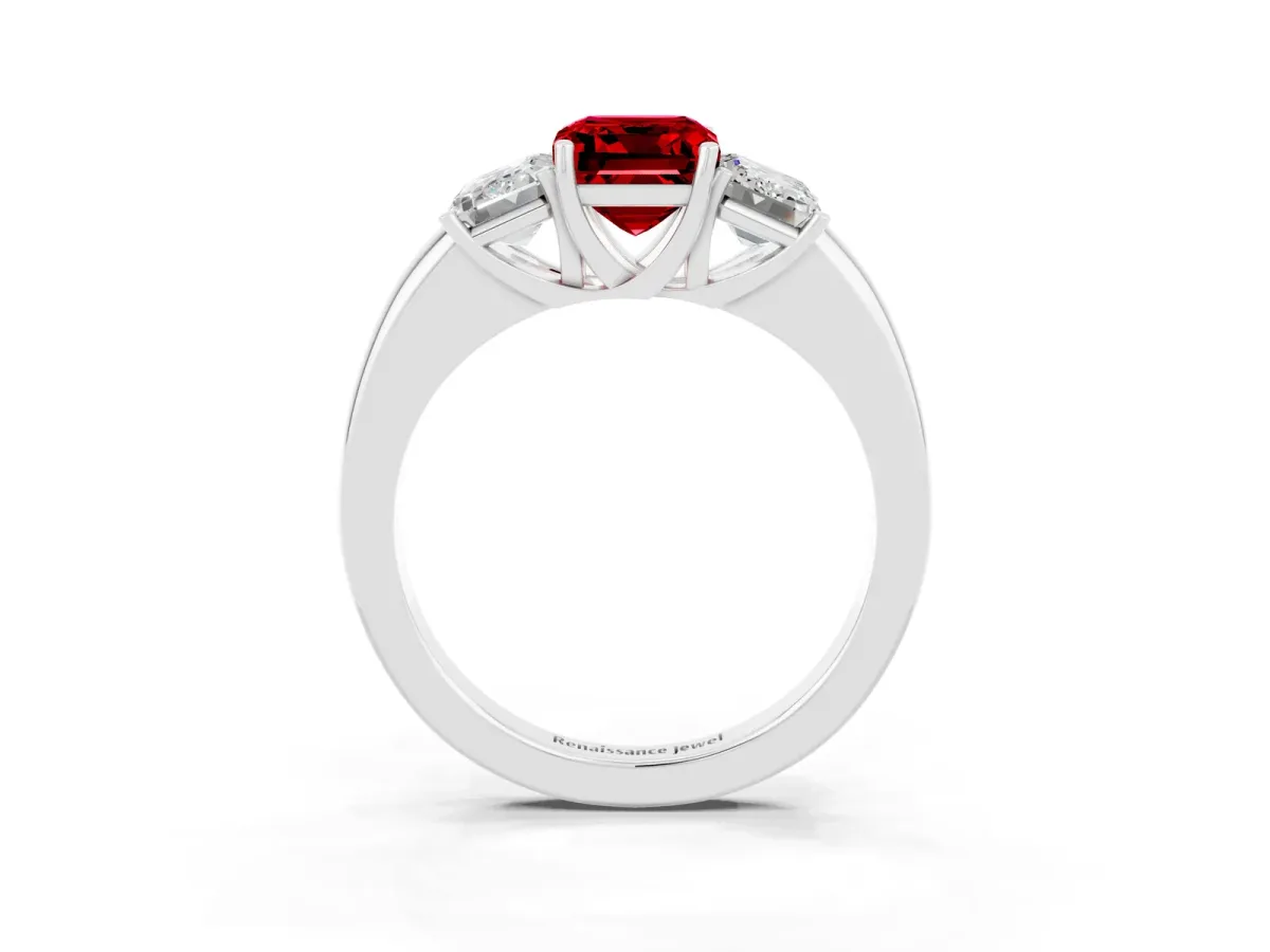 Emerald Cut Ruby Three-Stone Ring with Four-Prong Setting and Classic Band Silver