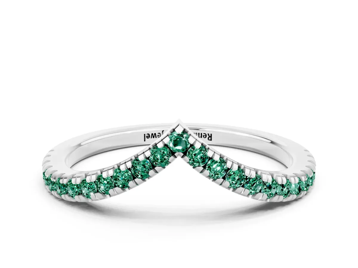 Pavé Round Green Sapphire V-Shaped Chevron Band with Shared Prong Setting Silver
