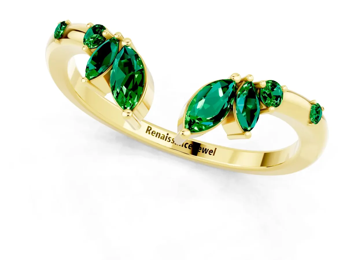 Open Marquise Cluster Emerald Band with Prong Setting Yellow gold