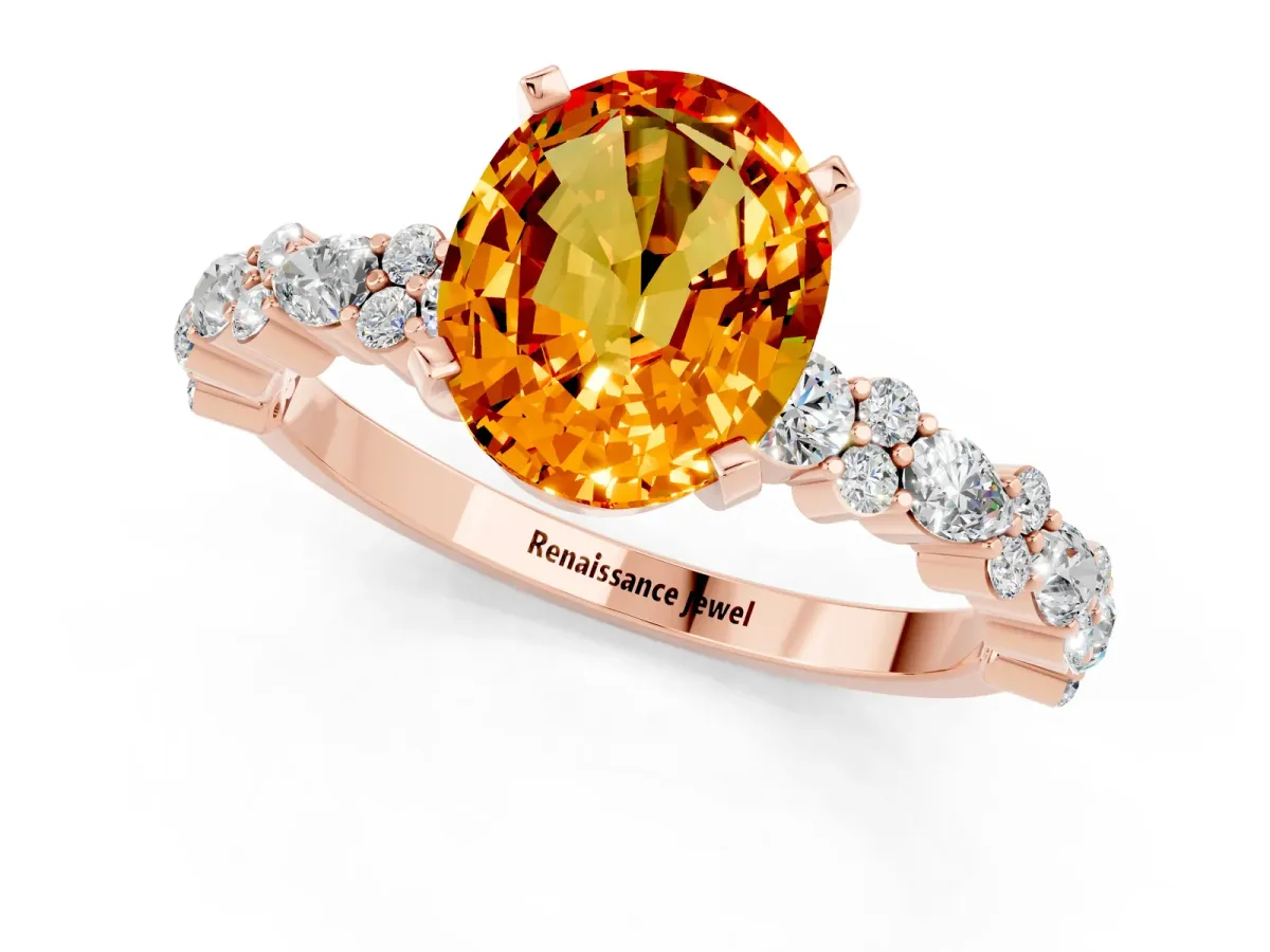Oval Cut Citrine Side Stone Solitaire Ring with Round and Four-Prong Setting Rose gold