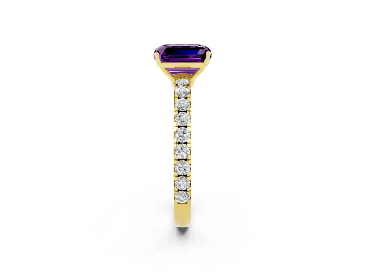Emerald Cut Amethyst Pavé Solitaire Engagement Ring with Four-Prong Setting Yellow gold