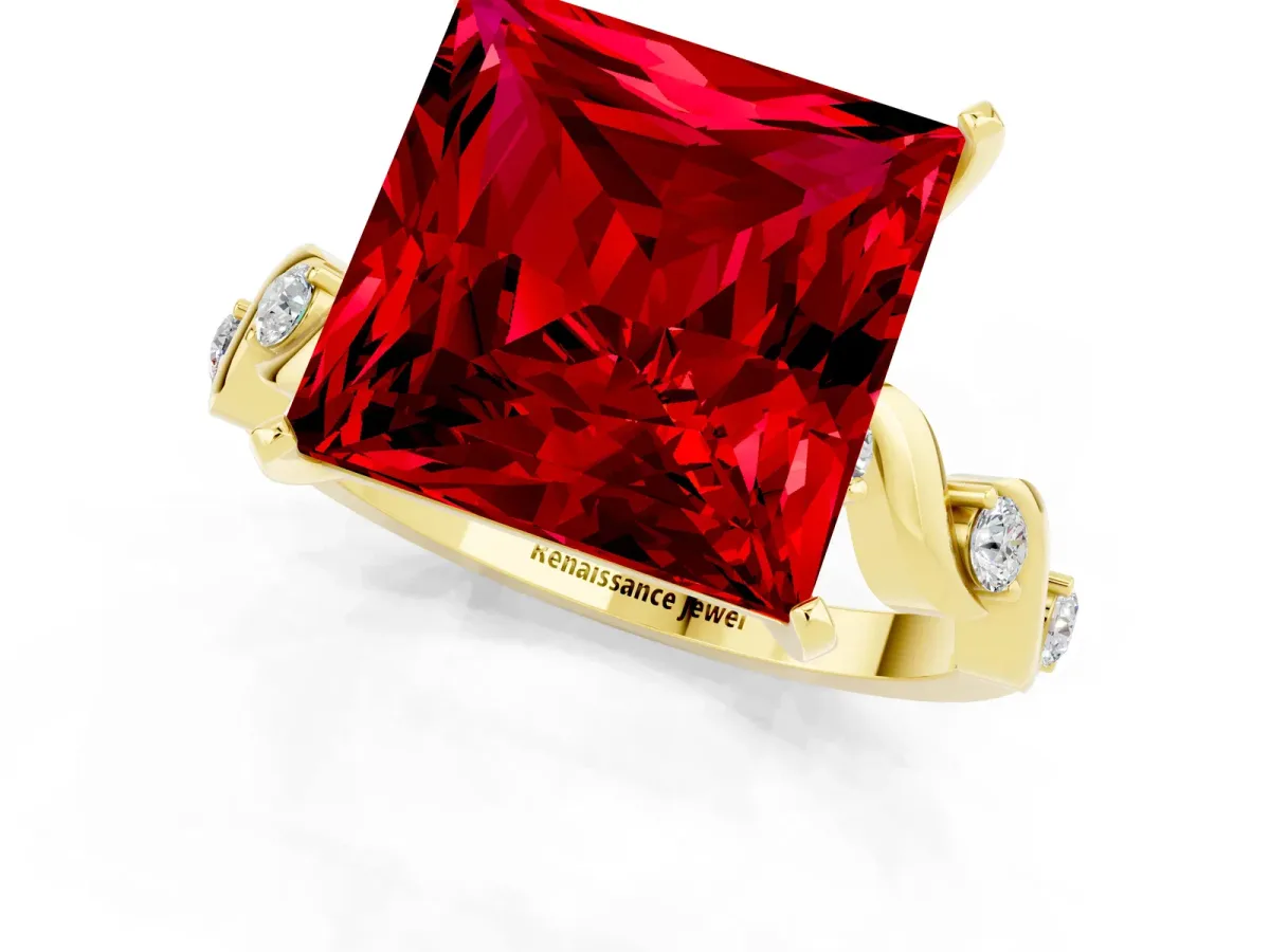 Princess Cut Ruby Solitaire Twisted Band with Round Accents and Prong Setting Yellow gold
