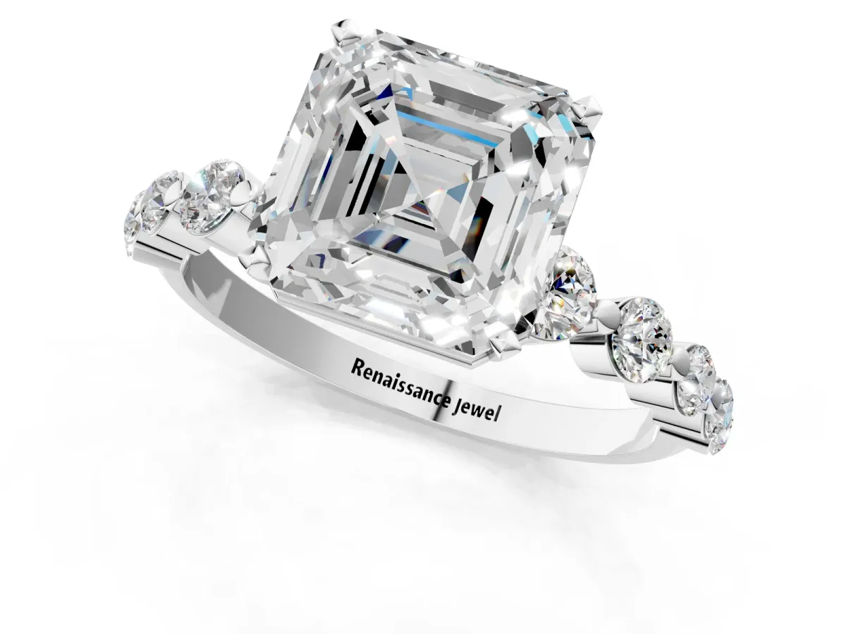 Asscher Cut Solitaire Diamond Ring with Pave Band and Four-Prong Setting Platinum