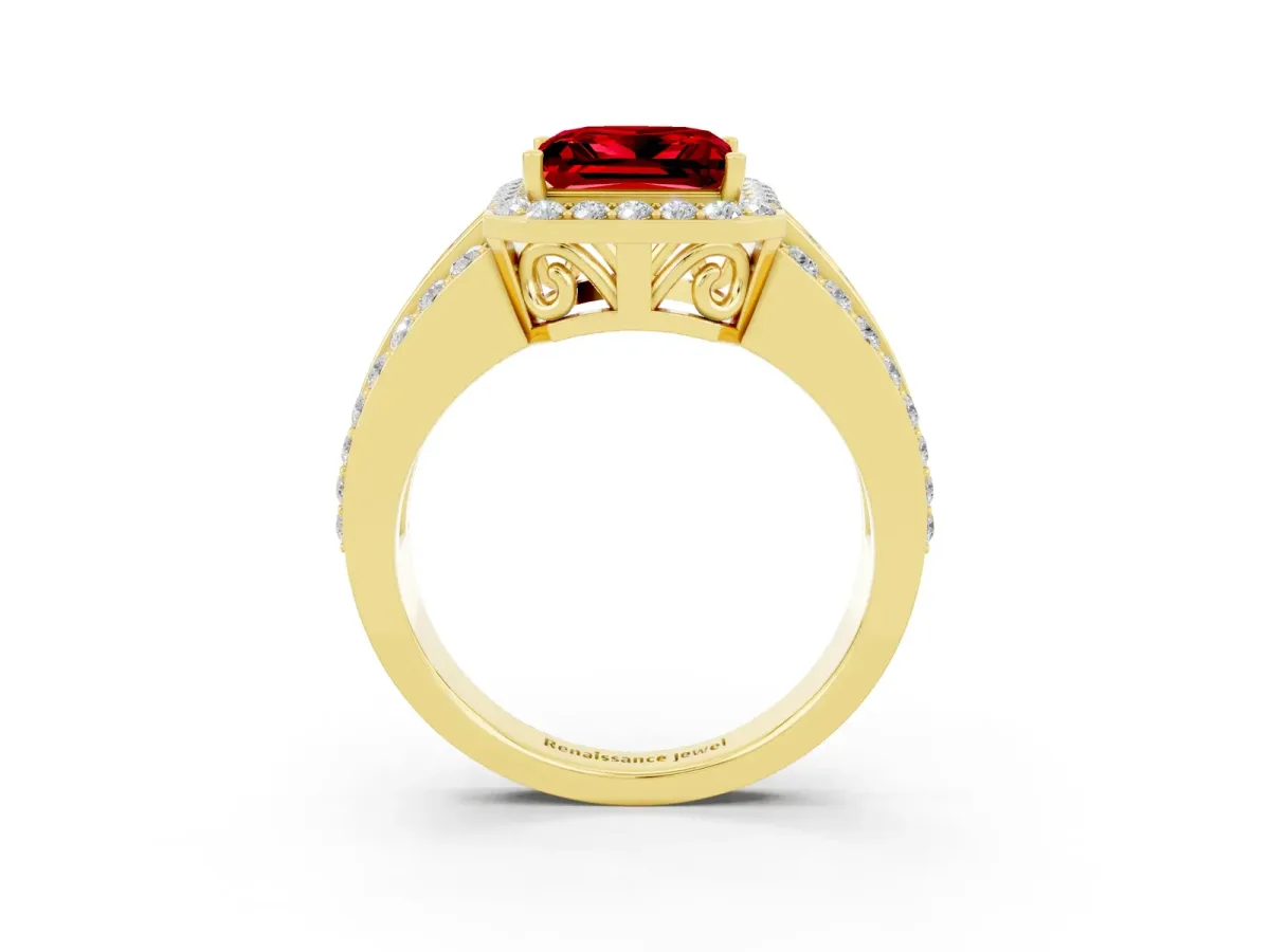 Princess Cut Halo Ruby Ring with Round Split Shank and Prong Setting Yellow gold