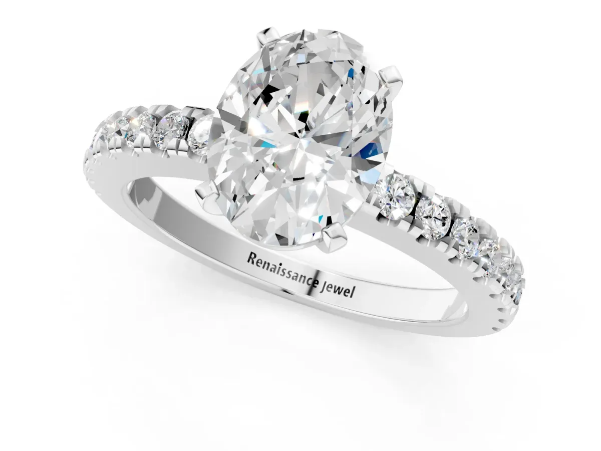 Oval Cut Solitaire Diamond with Pavé Band and Four-Prong Setting Silver