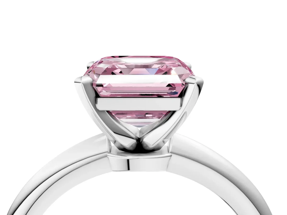 Fancy Pink Asscher Cut Diamond Solitaire Ring with Six-Prong Setting and Classic Band Silver