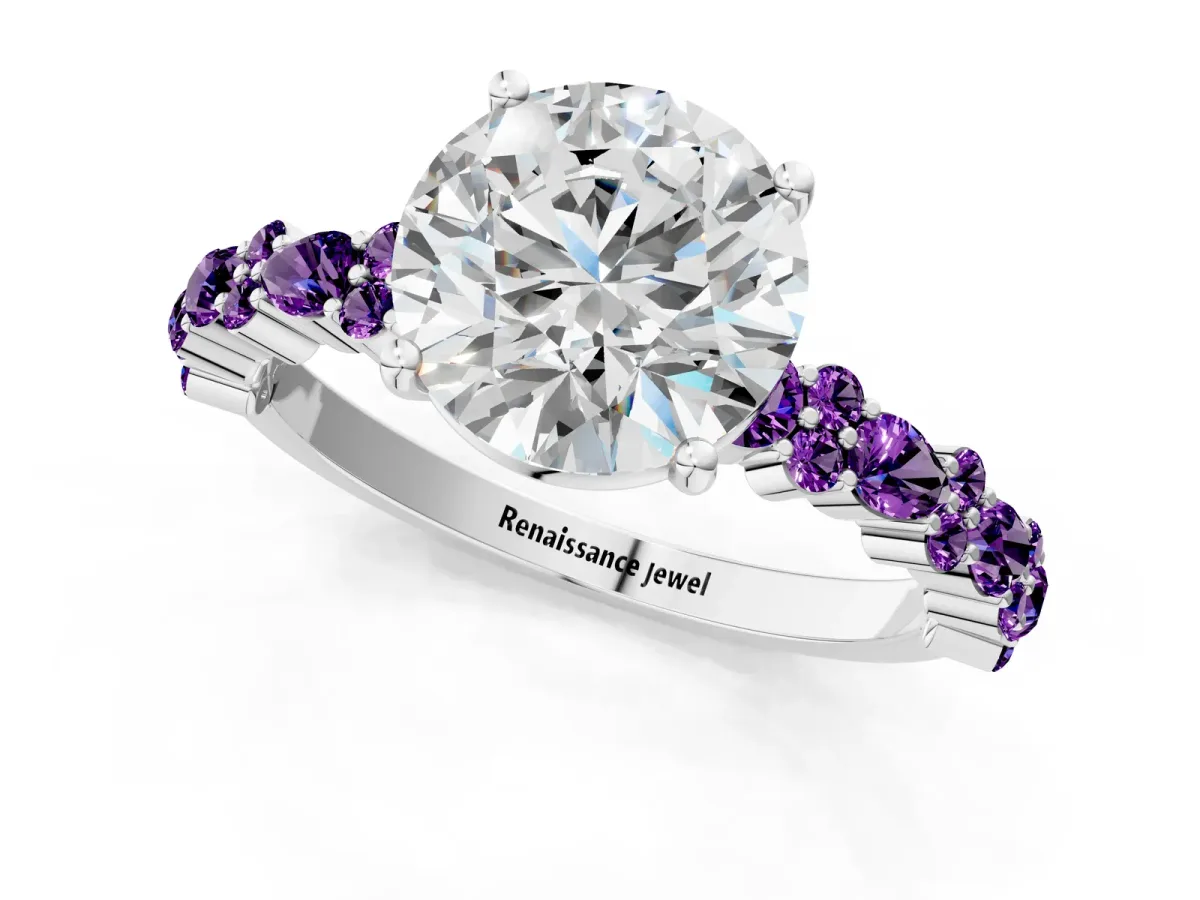 Round Cut Diamond Side Stone Solitaire Ring with Round Amethyst and Four-Prong Setting Platinum