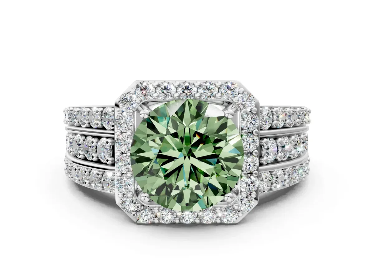 Fancy Green Round Cut Halo Diamond Ring with Round Split Shank and Prong Setting Platinum