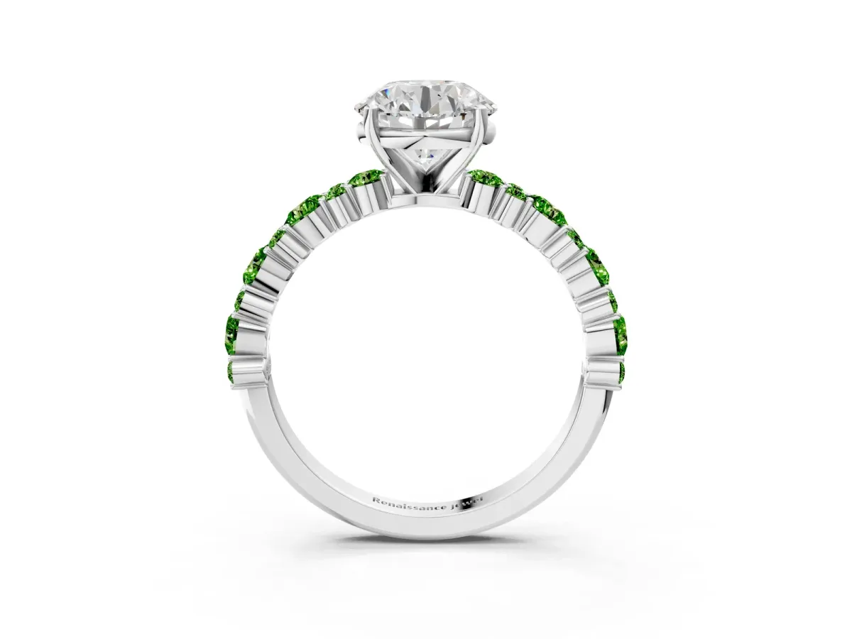 Round Cut Diamond Side Stone Solitaire Ring with Round Peridot and Four-Prong Setting Silver