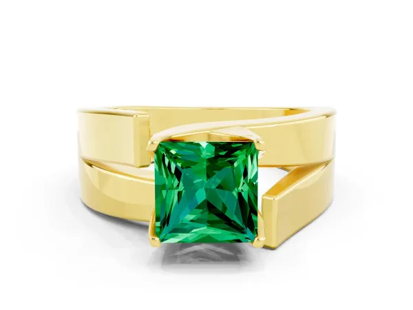 Modern Tension Set Princess Cut Emerald Solitaire Wide Band Ring Yellow gold