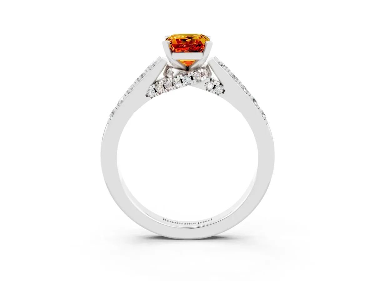 Emerald Cut Citrine Solitaire Ring with Crossover Gallery and Round Pavé Band Silver