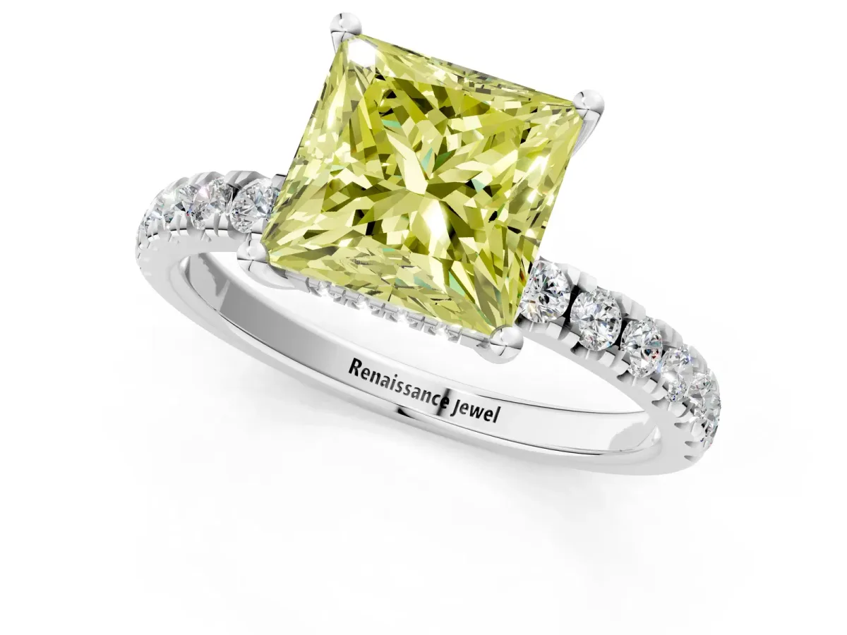 Fancy Yellow Princess Cut Diamond Pave Band Solitaire Ring with Round and Prong Setting Silver