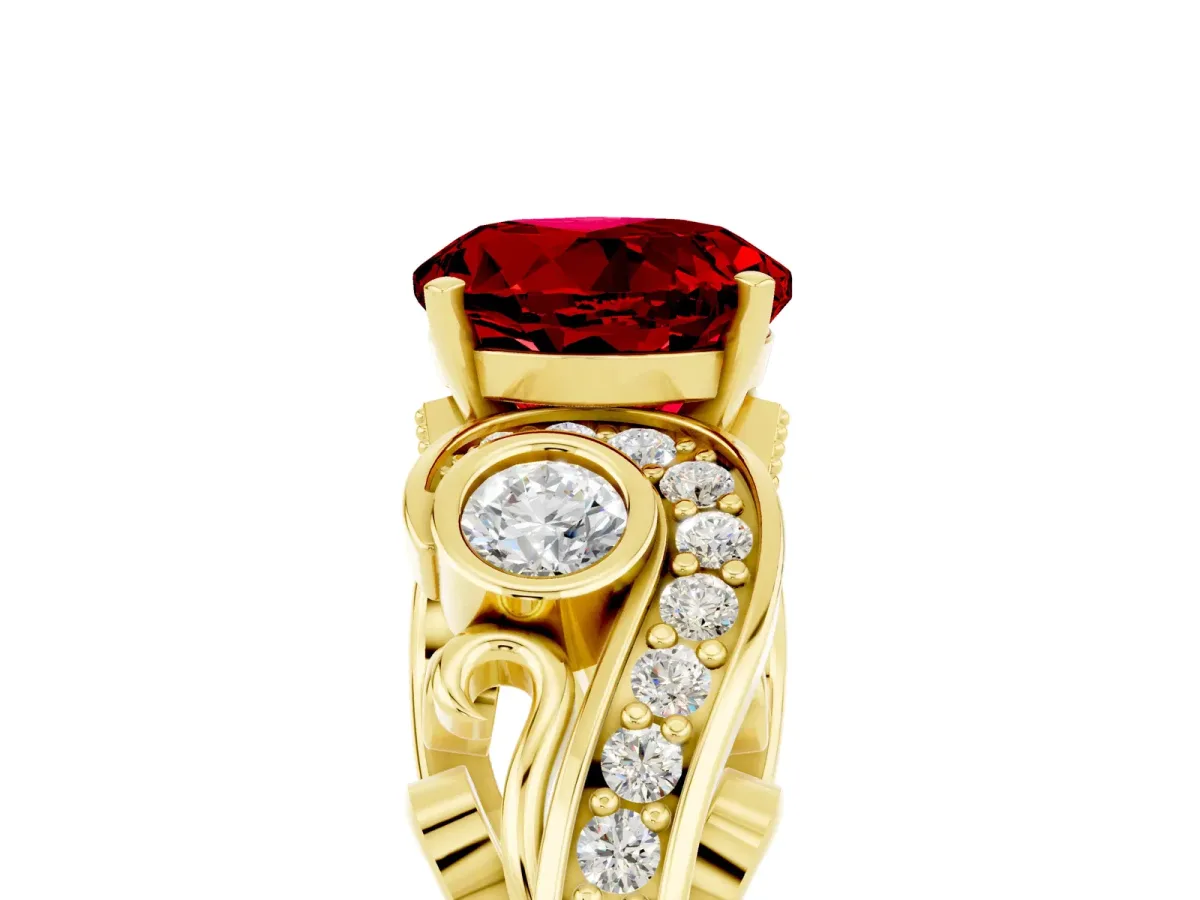 Round Cut Ruby Solitaire Ring with Milgrain Pavé Band and Four-Prong Setting Yellow gold
