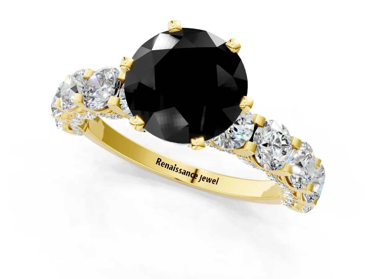 Fancy Black Round Cut Diamond Side Stone Engagement Ring with Four-Prong Setting Yellow gold
