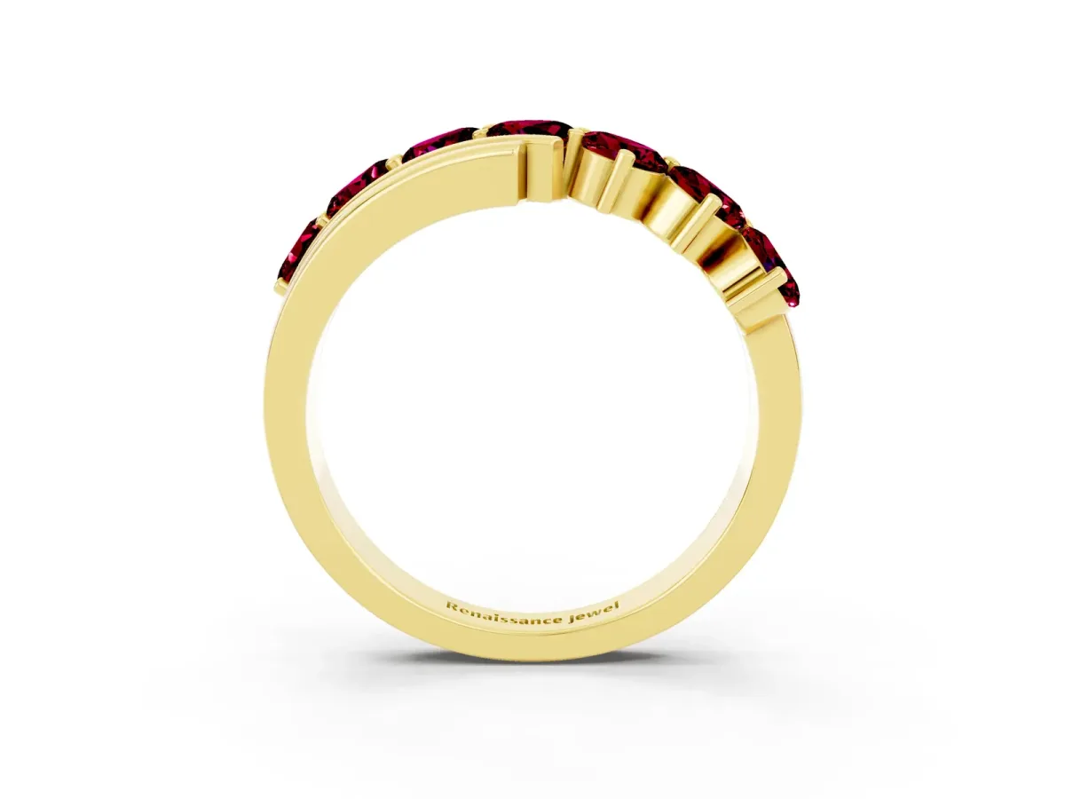 Round Garnet Wave Band with Channel and Shared Prong Setting Yellow gold