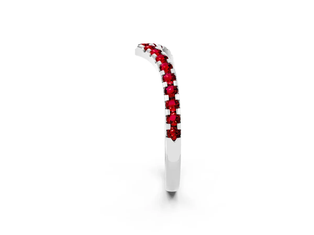 Pavé Round Ruby Chevron Band with Shared Prong Setting White gold