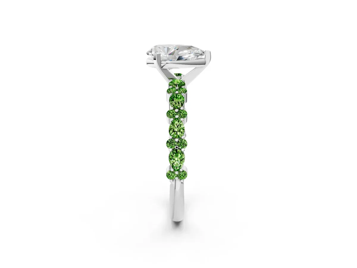 Pear Cut Diamond Side Stone Solitaire Ring with Round Peridot and Four-Prong Setting White gold