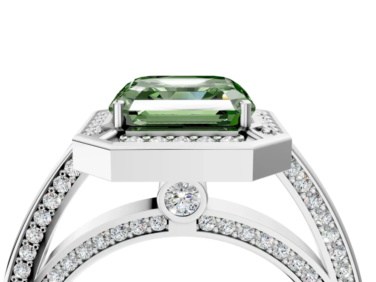 Fancy Green Asscher Cut Cut Halo Pave Split Shank Prong Setting Ring Platinum