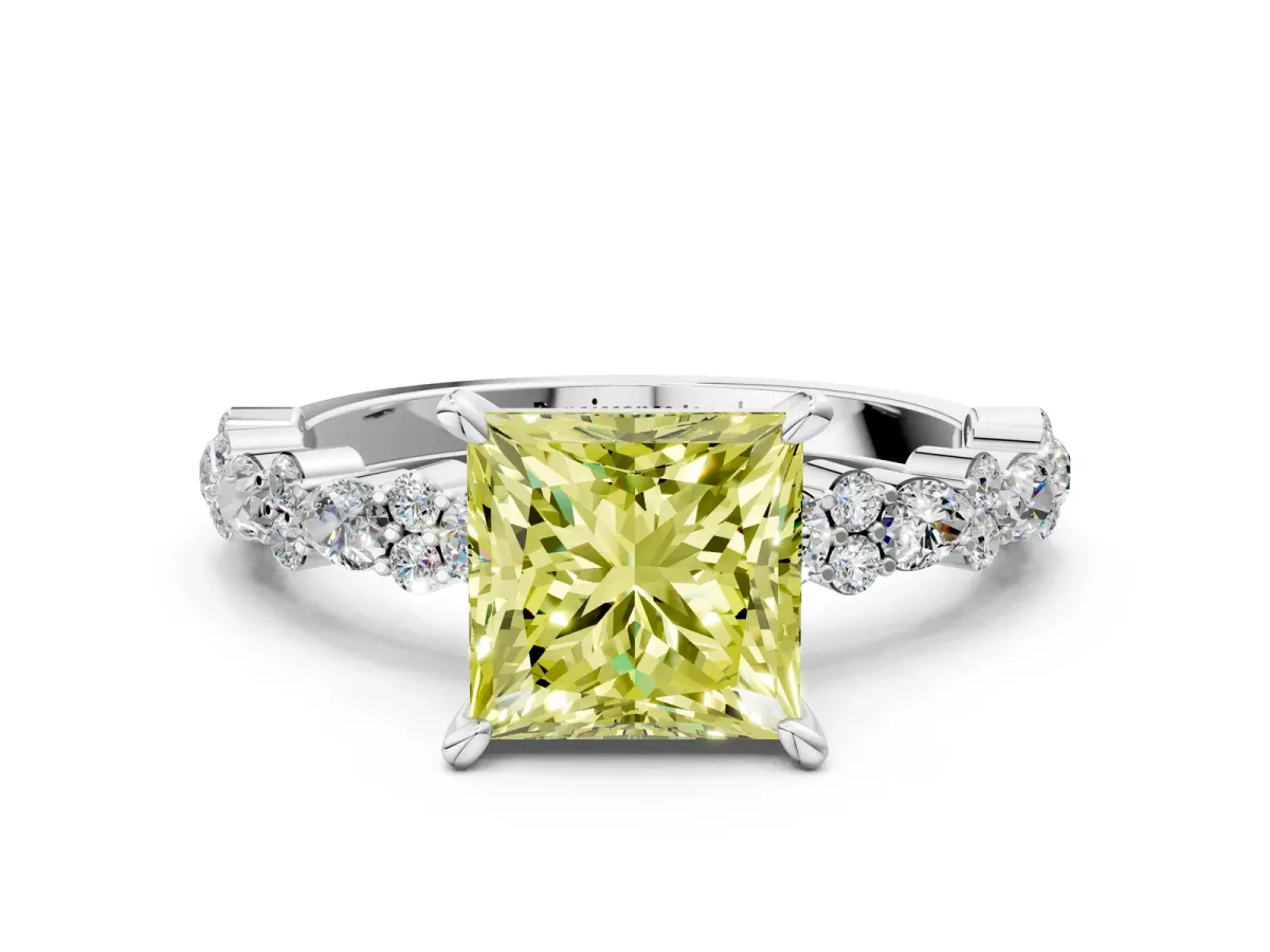 Fancy Yellow Princess Cut Diamond Side Stone Solitaire Ring with Round and Four-Prong Setting Platinum