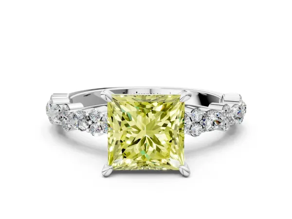 Fancy Yellow Princess Cut Diamond Side Stone Solitaire Ring with Round and Four-Prong Setting Platinum