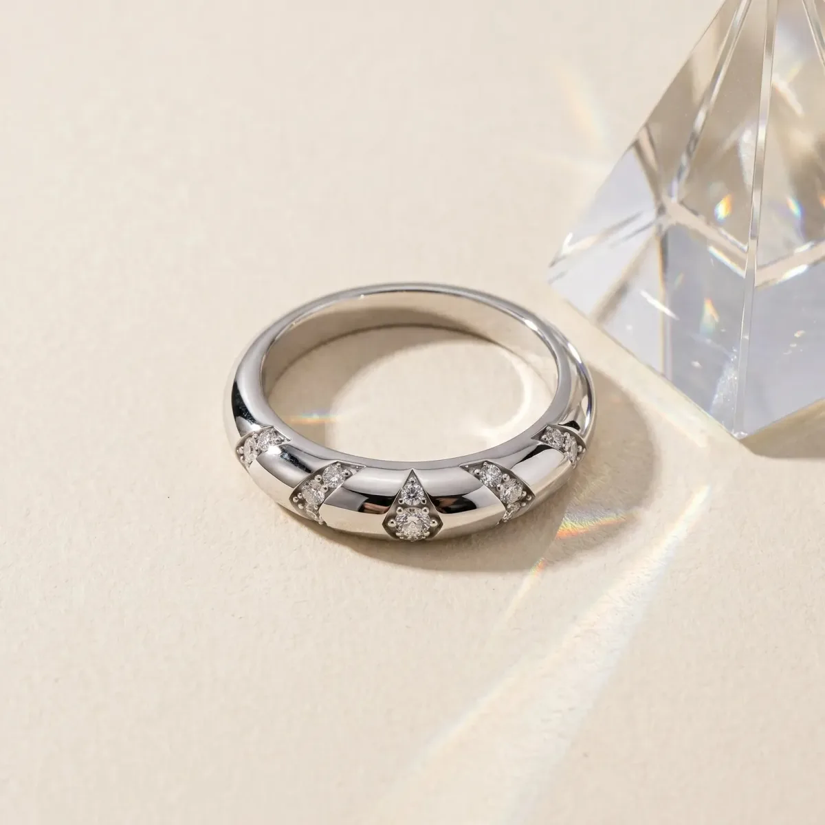 Round Diamond Channel Set Curved Band with Bezel Setting Platinum